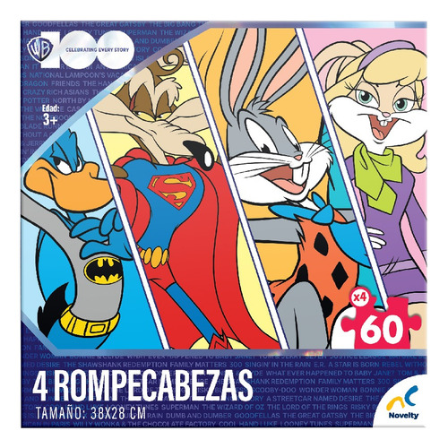 4 Rompecabezas De 38x28 Cm, Bugs Bunny, Lucas, Porky, Coyote