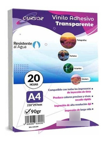 Papel Vinilo Adhesivo Imprimible Transparnte A4 Inkjet 20hjs