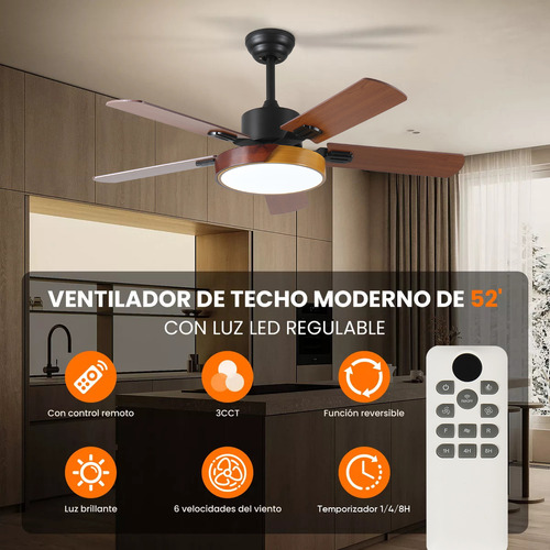 Ventilador De Techo Modernos De 52 Pulgadas, Ventilador De Techo Con Luz Led Y Control Remoto, Lampara Ventilador Silencioso De 5 Aspas Para Interior/exterior Con 3cct+6 Velocidades