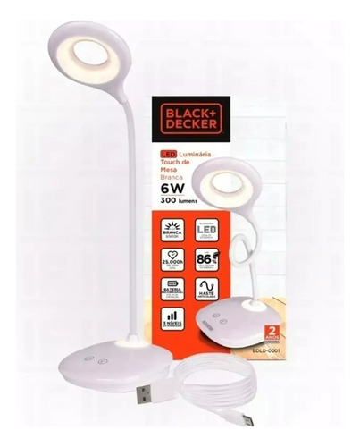 Luminria De Mesa Touch Luz Branca Bdld-0001-02 Black Decker Cor da estrutura Branco 110V/220V