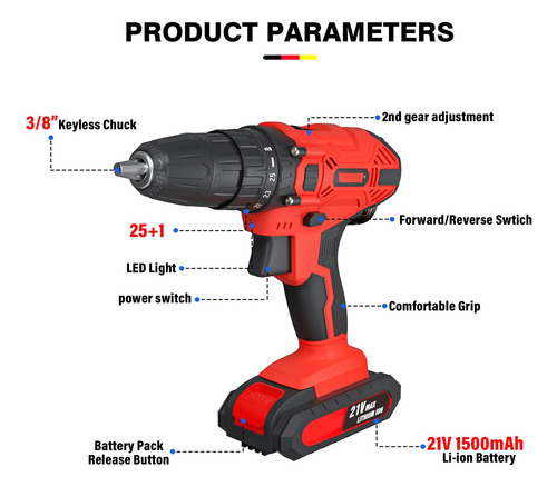 Taladro Inalámbrico De Impacto 21 V Con 2 Baterías Y Accesor Rojo Frecuencia