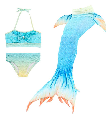 Bikini Con Diseño De Cola De Sirena Para Niñas, 3 Piezas