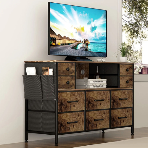 Cómoda Moderna Con Estación Carga+led Con 10 Cajones Para Tv Marrón