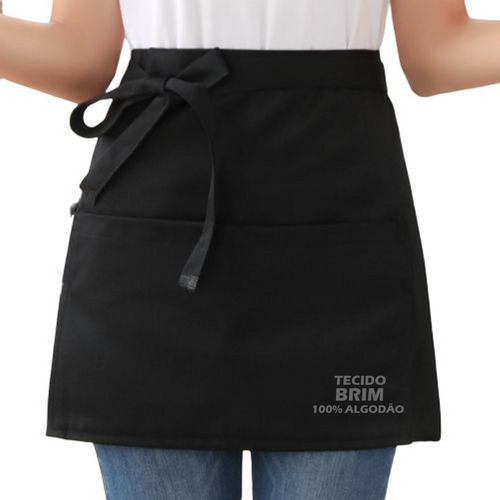 Kit 6 Aventais Brim Cintura Curto C/ Bandana Garçom Evento Cor Preto Desenho Do Tecido Liso