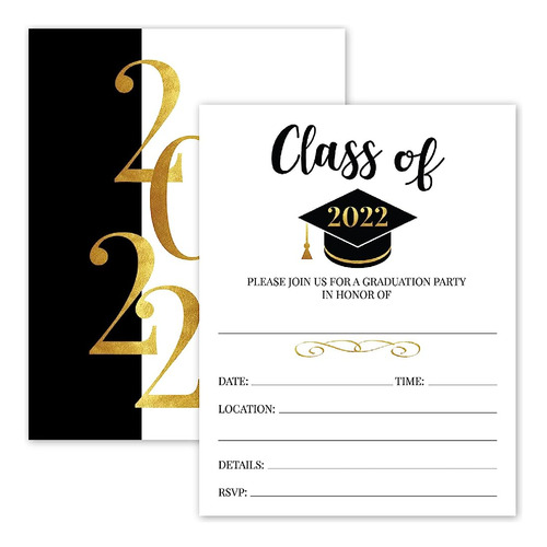 25- 2022 Invitaciones A La Fiesta De Graduación Gold & Black