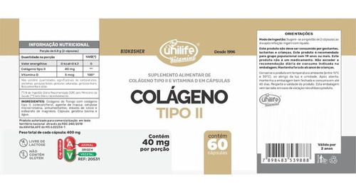 5 Suplemento Colágeno Tipo 2 C/ Vitamina D3 - 60caps Unilife