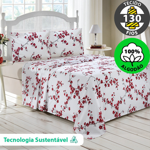 Jogo Cama Casal 4 Peças Lençol Elástico 100% Algodão Lorena