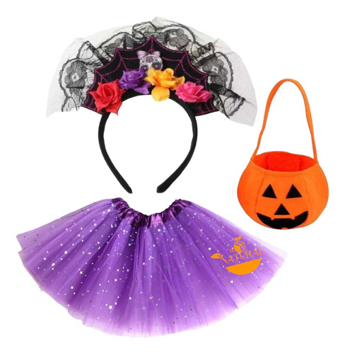 Disfraz Bruja Niña Halloween Cosplay Catrina + Tutu + Bolsa De Dulces