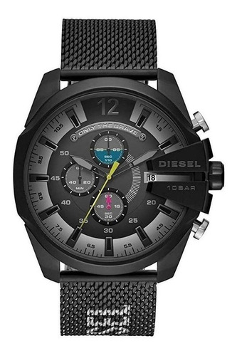 Reloj pulsera Diesel Mega Chief DZ4514 de cuerpo color combo, analógico, para hombre, fondo negro, con correa de acero inoxidable color negro y plateado, agujas color negro, gris, amarillo y rosa, dial negro y gris, subesferas color gris, negro y verde, minutero/segundero negro, bisel color negro y hebilla de gancho