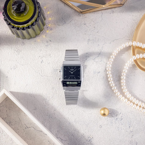 Reloj Casio Modelo Aq-800 Metal Plateado Caratula Negra