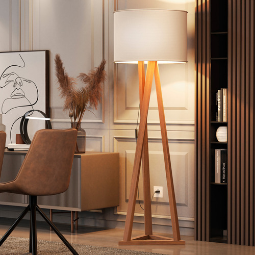 Luminária Tripé Moderna Ibiza Sala Leitura Luxo Com Cupula E Pés Em Madeira Maciça Premium Cor Off White