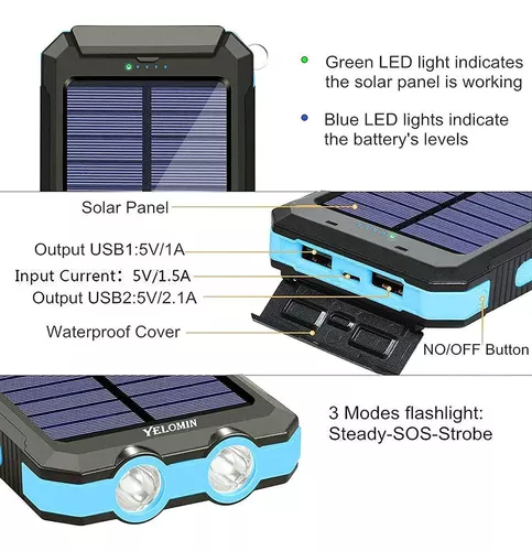  Cargador de batería portátil de energía solar de 20000 mAh,  impermeable, cargador de panel solar, con dos linternas LED y brújula para  todos los celulares, tablets y dispositivos electrónicos : Celulares