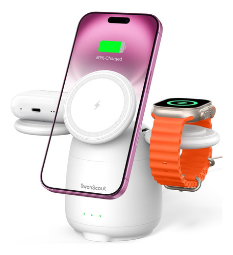 SwanScout Estación de Carga S10026M MagSafe Cargador Inalámbrico 3 en 1 para iPhone Serie 16/15/14/13/12 Apple Watch y Air Pods
