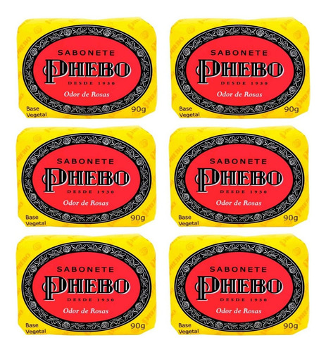Kit 6 Sabonetes Barra Glicerinado Odor De Rosas 90g Phebo