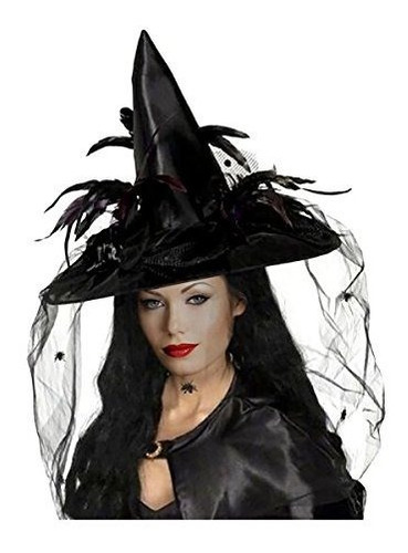 Sombrero Bruja Halloween Femenino Con Velos, Arañas Y Plumas
