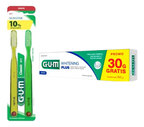 Kit Gum Cepillo Dental 411 Suave+crema Dental Whitening Plus