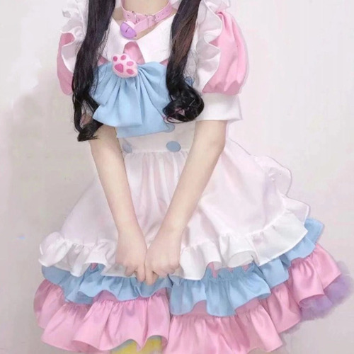 Kawaii Lolita Anime Maid Outfit Pink + Blue Cosplay