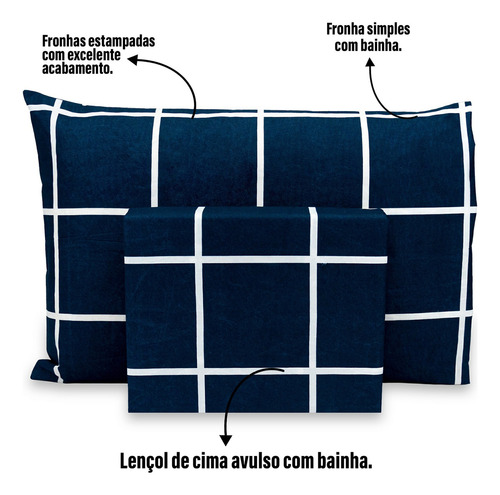 Lençol Solteiro De Cima 2pç Percal Flex Toque Macio 400 Fios Cor Grid Marinho Desenho do tecido Xadrez