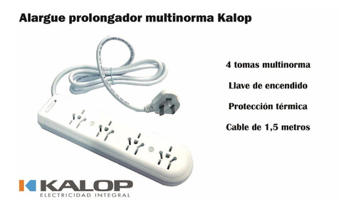 Imagen 2 de 9 de Prolongador Multinorma Zapatilla Kalop 4 Tomas 1,5 Mts X2u