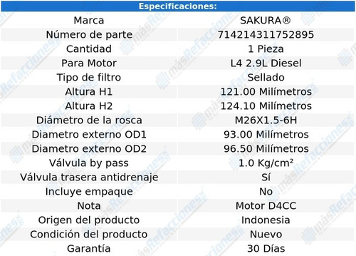 Filtro Aceite P/ Hyundai Mighty Ex6 L4 2.9l Diesel 19 Sakura