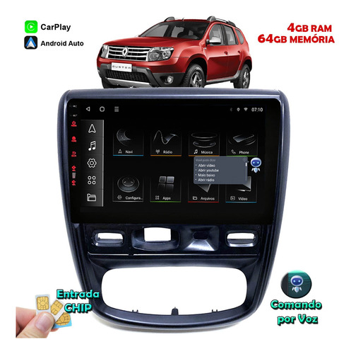 Multimídia Renault Duster 4+64gb Carplay Octa Core Gps Wifi