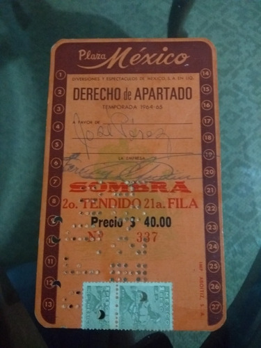 Derecho De Apartado Antiguo Plaza México 1964-65 Toros