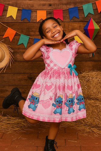 Vestido Infantil Festa Junina Stitch Rosa Com Coração Renda