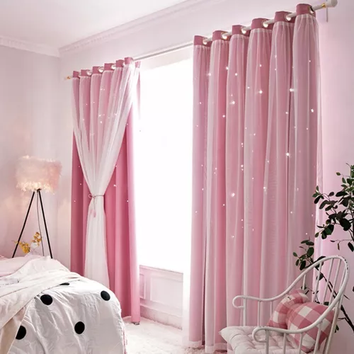 Kinryb Cortinas cortas con recorte de estrellas para niñas, cortinas cortas  para ventana pequeña, dormitorio, cortinas superpuestas de estrellas para