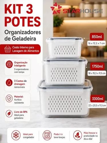 Kit 3 Organizadores Geladeira Cesto Alimentos Legumes Verduras Frutas Transparente Com Tampa Trava Hermetico Escorredor - Starhouse