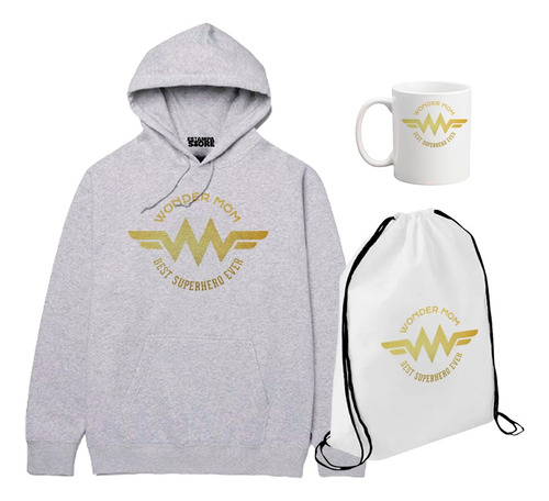 Combo Poleron Taza Mochila Bolso Mochila Wonder Mom