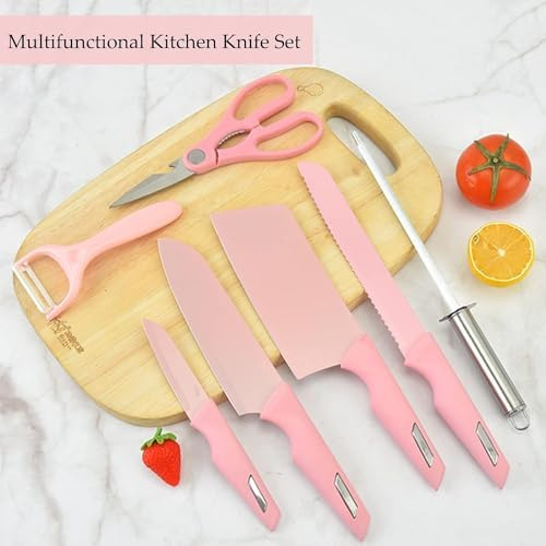 Juego De Cuchillos De Cocina, 8 Piezas, Color Rosa, Ultra Af