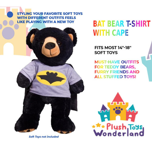 Plush Toys Wonderland Black & Grey Traje De Osito De Peluche De Superhéroe | Camisa De Disfraz De Oso Murciélago Con Capa, Para Animales De Peluche