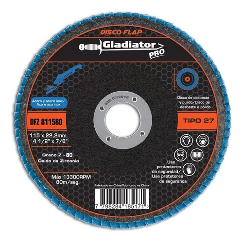 Disco Flap Gladiator Grano 80 115 Mm Oxido Zirconio Pack X5