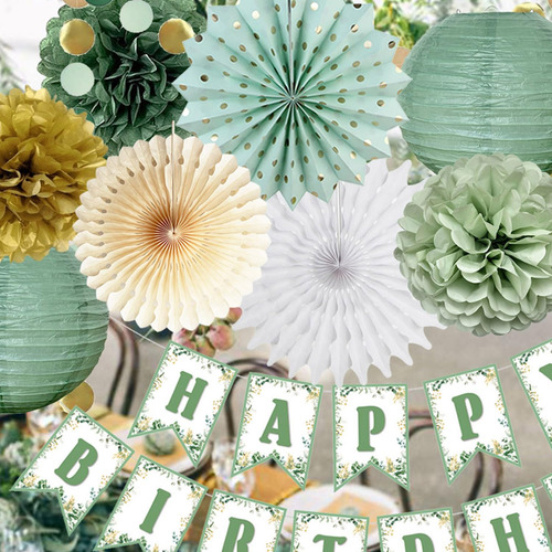Decoraciones De Fiesta Verde Salvia Y Dorado Para Cumpleaños