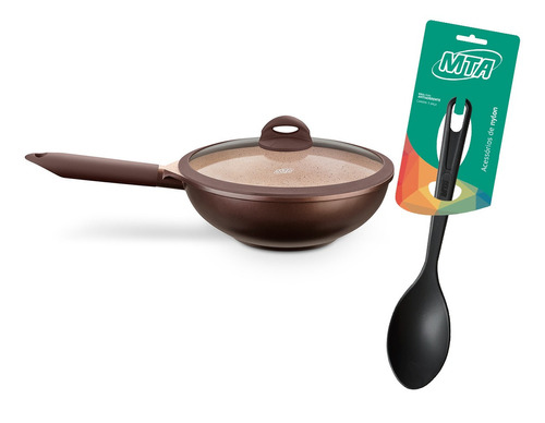 Kit Panela Wok Pouco Óleo Mta Belga Profissional + Colher Cor Preto