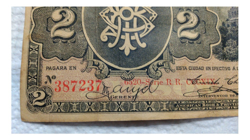 Billete El Banco Oriental De Mexico $2 Pesos 1914 (Usado)