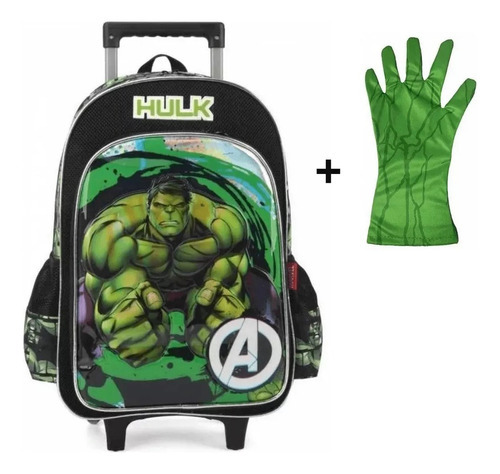 Mochila Escolar De Rodinhas Menino Hulk  Luva Marvel Luxcel Cor Verde