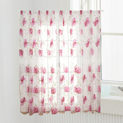 Cortina Rosa De Gasa Transparente Con Estampado De Flores, 1