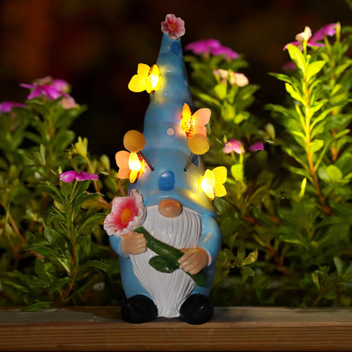 Estatua De Jardín Solar Gnome Azul Con Luces De Mariposa Imp
