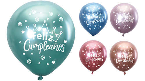 Set 5 Globos De Latex Cromados Colores Surtidos Feliz Cumple