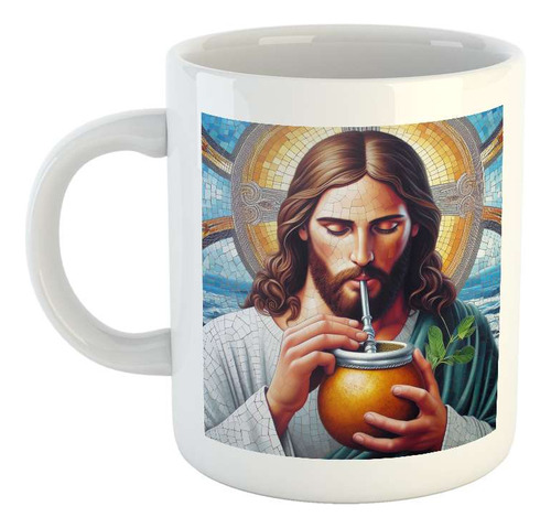 Taza Ceramica Jesus Tomando Matecito Verde Venecitas