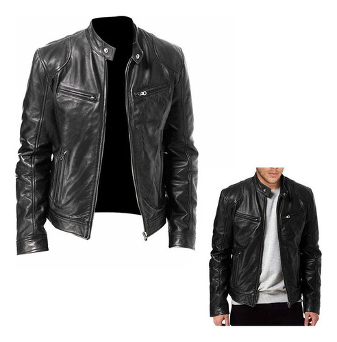 Wan Chamarra Piel De Hombre Slim Fit Estilo Biker Cazadora