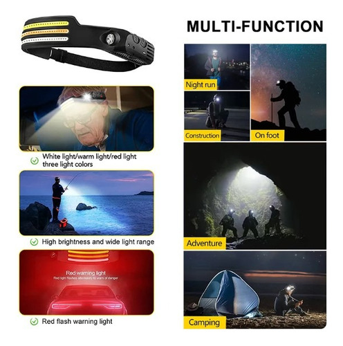 Linterna De Cabeza Pesca 3 Lineas Recargable +led Cob Roja