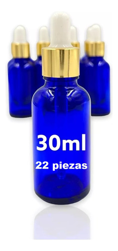 20 Goteros 30ml Frasco Vidrio Azul, Blanco/dorado