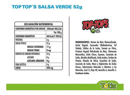 Botana Top Tops Salsa Verde 12 Piezas De 52 Gramos