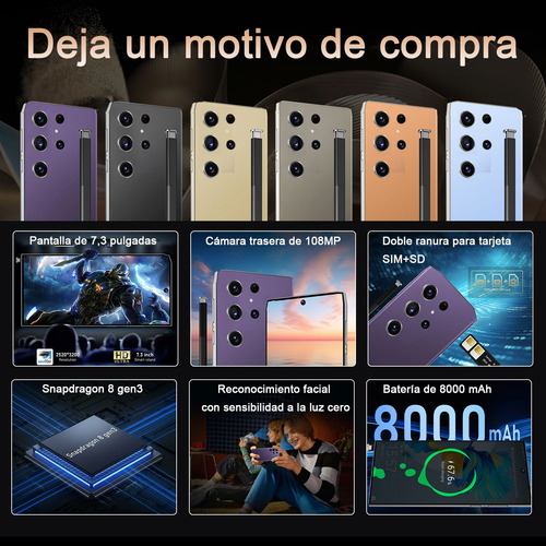 Smartphones S24 Celular Doble Sim 16gb Ram 512gb Rom Pantalla 7.3'' Batería 8000mah Cámara 108mp