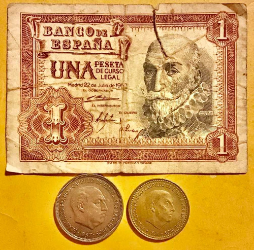 Billete 1 Peseta De 1953 España Y 2 Monedas De 1 Y 5 Pesetas