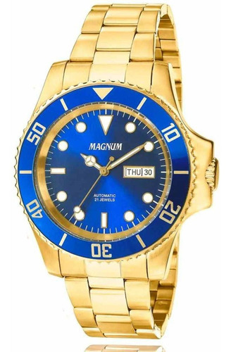 Relógio Magnum Masculino Automático Dourado Aço Original Cor do bisel Azul Cor do fundo Azul