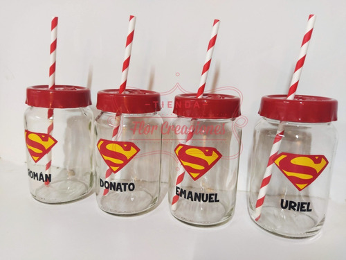 10 Frascos Superman Vasos Souvenirs Con Tapa Y Sorbetes