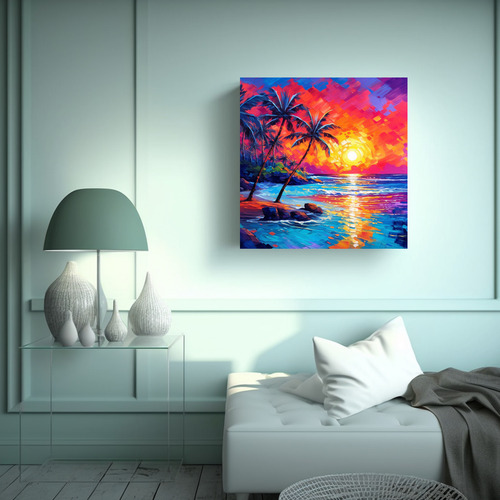 40x40cm Cuadro Estilo Tropical En Atardecer En Playa Flores